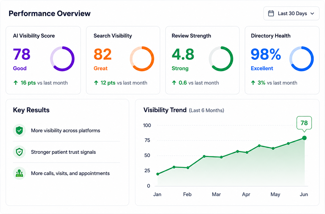 Performance Overview dashboard showing improved AI visibility, search visibility, review strength, directory health, key results, and visibility trend.