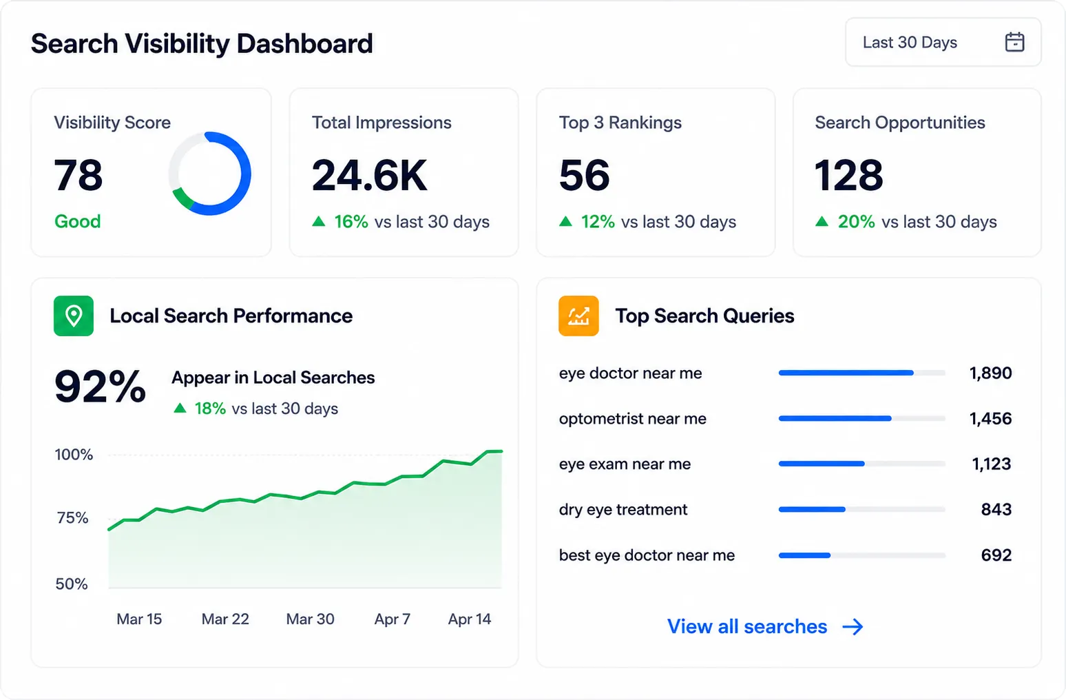 Search Visibility Dashboard showing visibility score, impressions, local search performance, and top search queries.