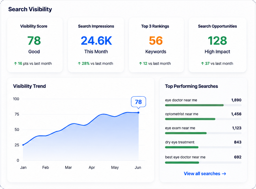 Search Visibility dashboard showing visibility score, search impressions, top rankings, search opportunities, trend chart, and top performing searches.