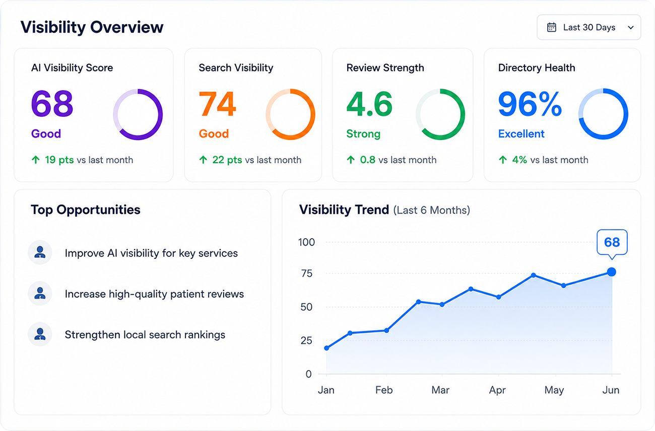 Visibility Overview dashboard showing AI visibility score, search visibility, review strength, directory health, top opportunities, and visibility trend.