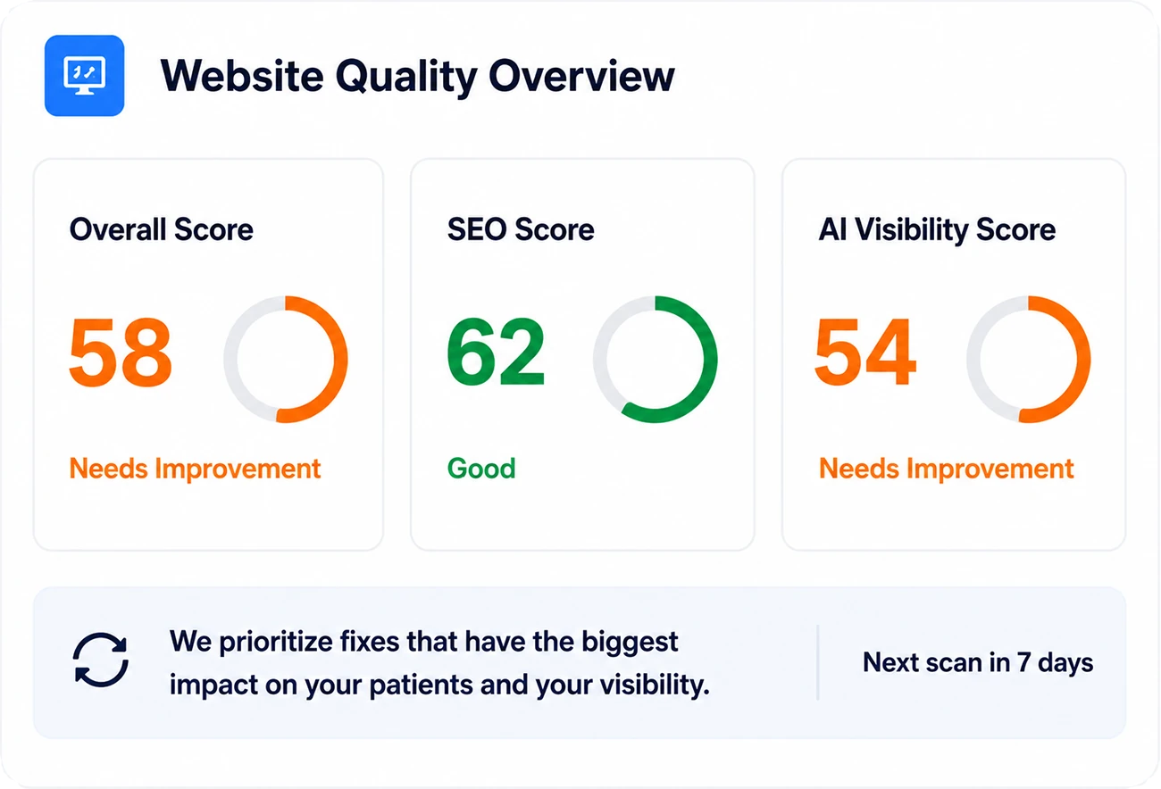 Website Quality Overview showing overall, SEO, and AI visibility scores.